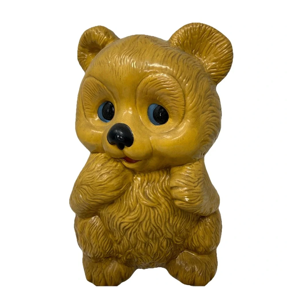 Vintage Teddy Bear Coin Ceramic Brown Piggy Bank Prop 70's 80's Retro Decor